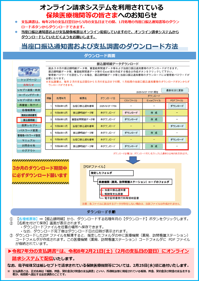 「払込額明細」では支払調書のダウンロードも可能です。また、支払調書についてもオンライン配信されますので、「払込額明細」からダウンロード願います。